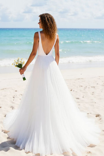 Pleated A Line V Neck Ivory Long Wedding Dress